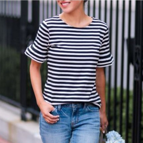 J. Crew Ruffle-Sleeve T-shirt in Stripe Small Black White Preppy Nautical B117 - Picture 7 of 10